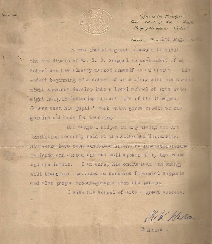 A testimonial by Bengal School artist A.K. Haldar for his disciple Prof. Sukhvir Sanghal, dated 12 August 1940.