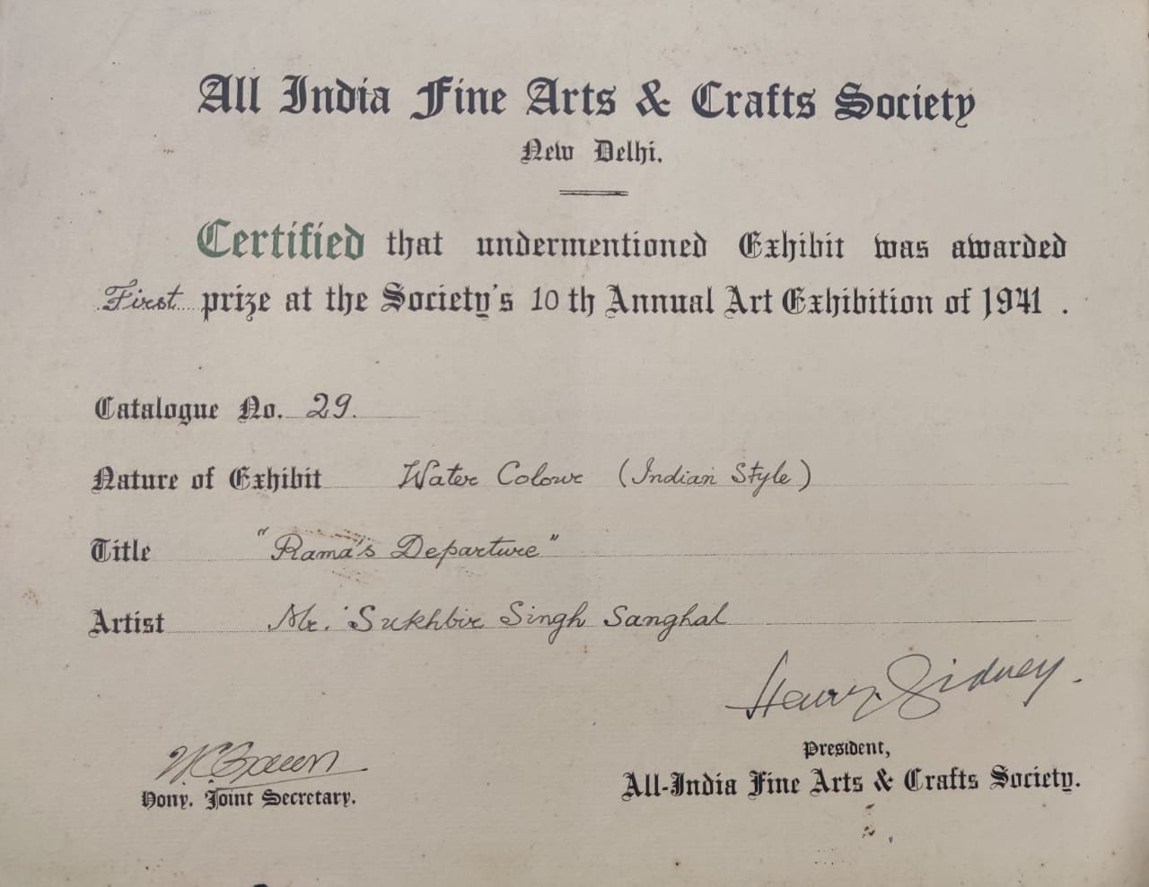 Prof. Sukhvir Sanghal was awarded first prize by all india arts and crafts society new delhi in 1941