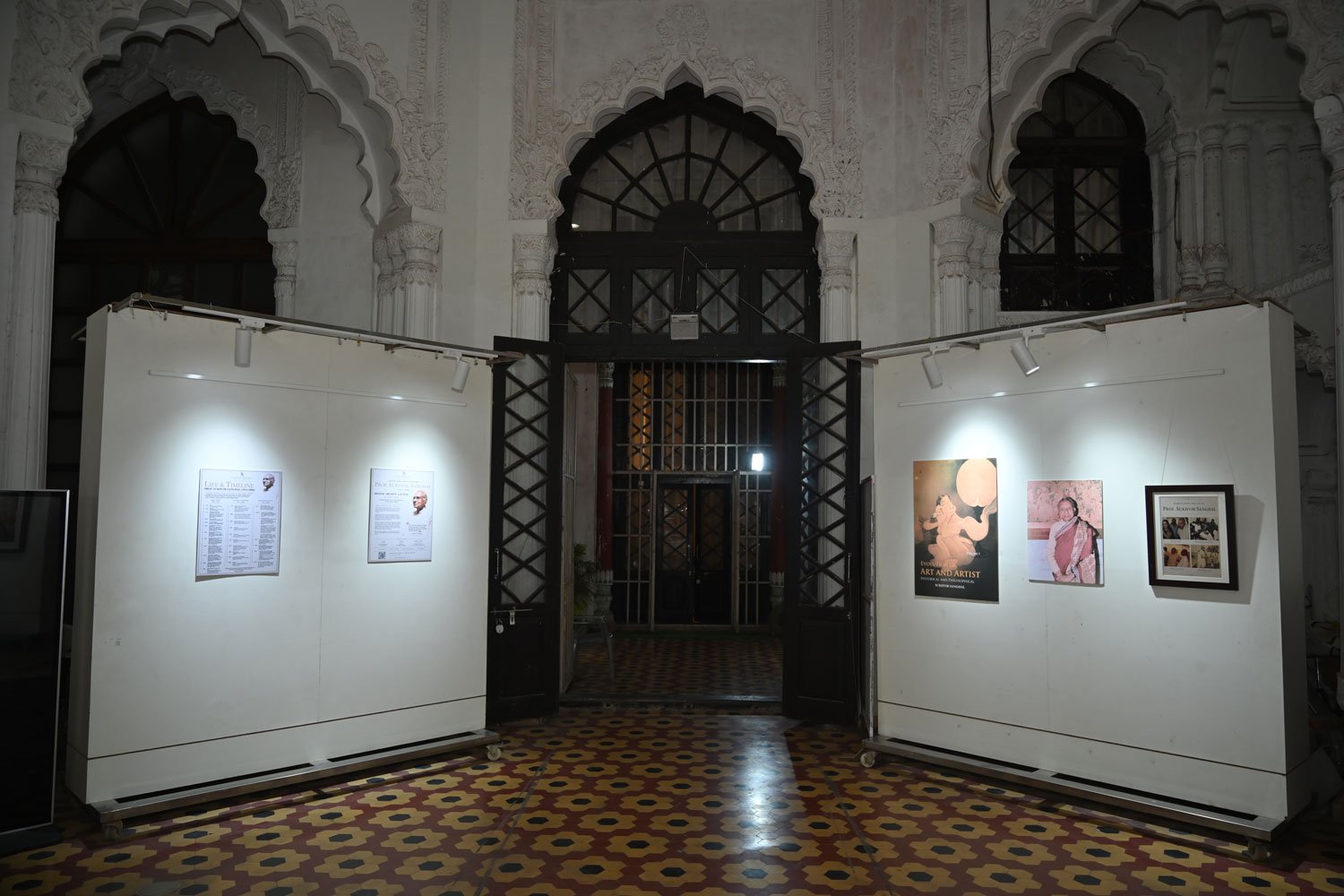 Entrance view of the exhibition showcasing rare wash paintings and archival records presented during the launch of the Sukhvir Sanghal Digital Archive at the State Lalit Kala Akademi, Uttar Pradesh.