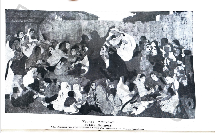 Official catalogue reproduction of  Khoria (No. 436) by
					Prof. Sukhvir Sanghal from the 10th Annual Exhibition (1946). The
					painting, comprising more than sixty-five figures and executed in
					Sanghal's experimental Lacsit technique on a 73 × 116 cm wooden
					plywood panel, was awarded the Rathindranath Tagore Gold Medal for
					painting in a new medium.